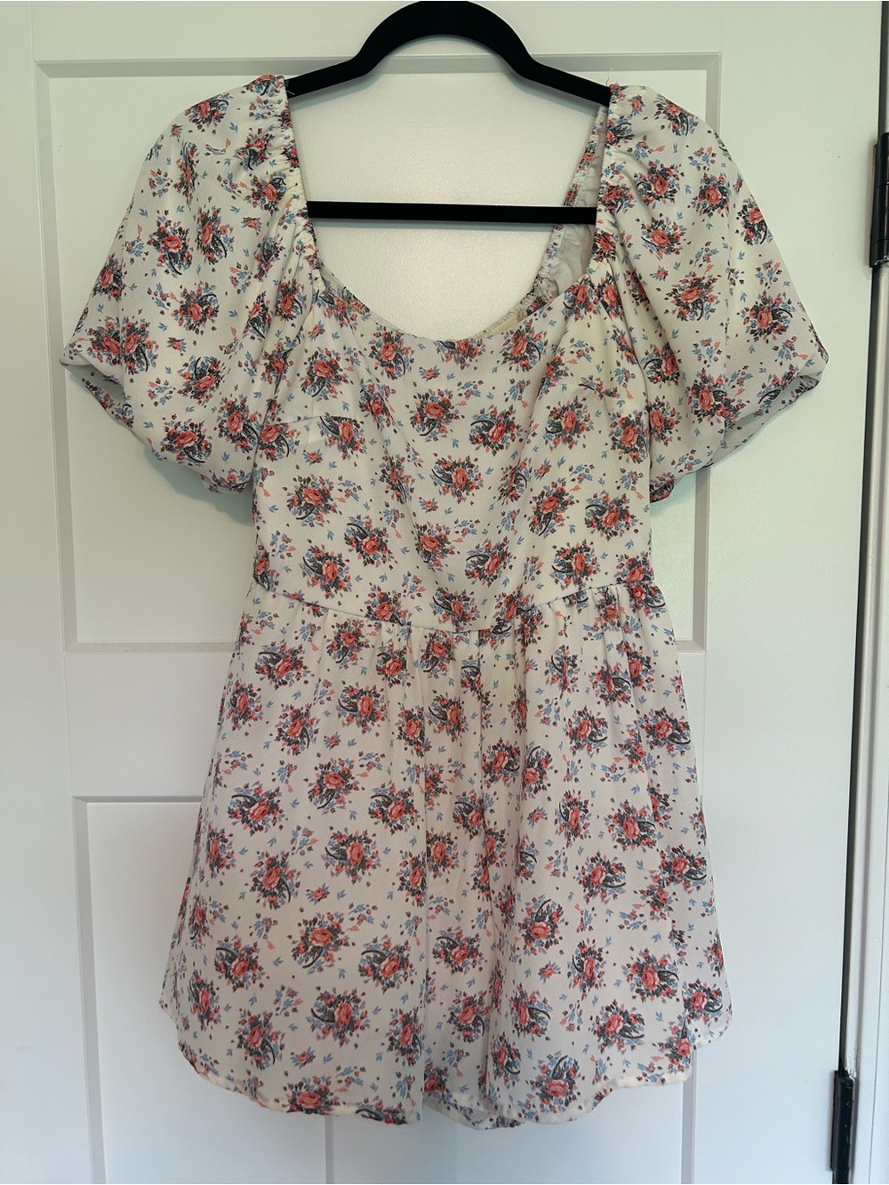 Ivory Floral Scoop-Neck Romper Dress